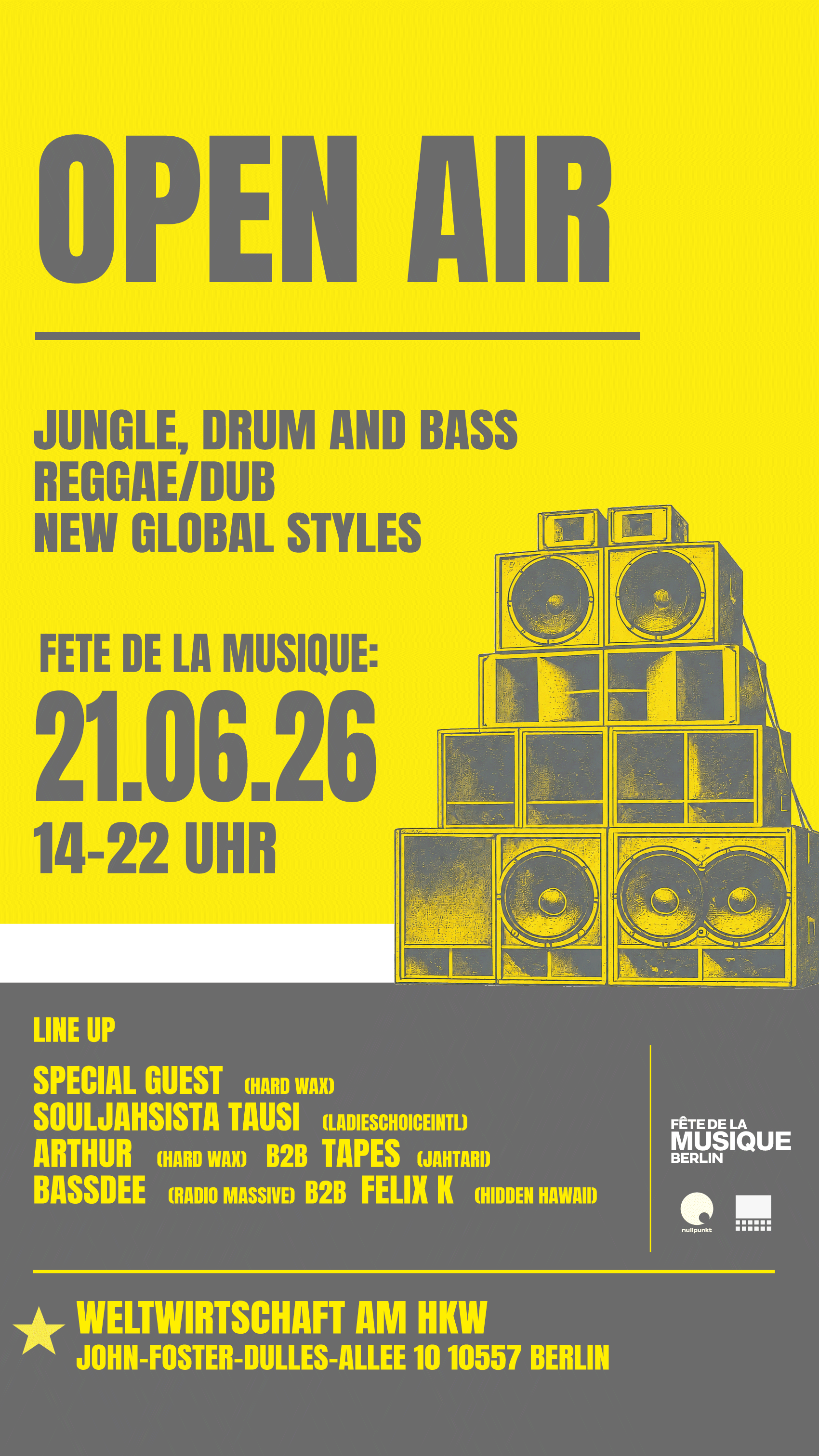 Flyer for the Fête de la Musique open air at Weltwirtschaft am HKW, Berlin, 21 June 2026